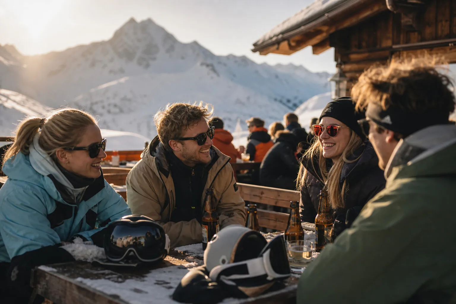 Freunde in Skikleidung vor einer verschneiten Berghütte