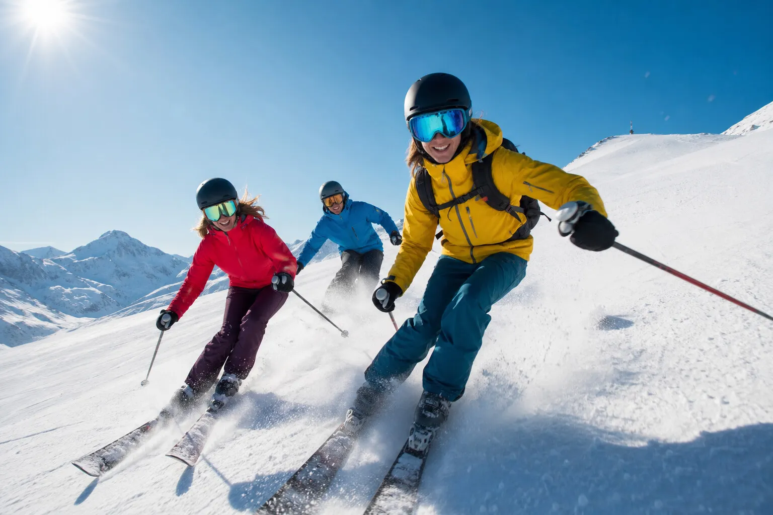 Freunde beim gemeinsamen Skifahren auf einer sonnigen Alpiste